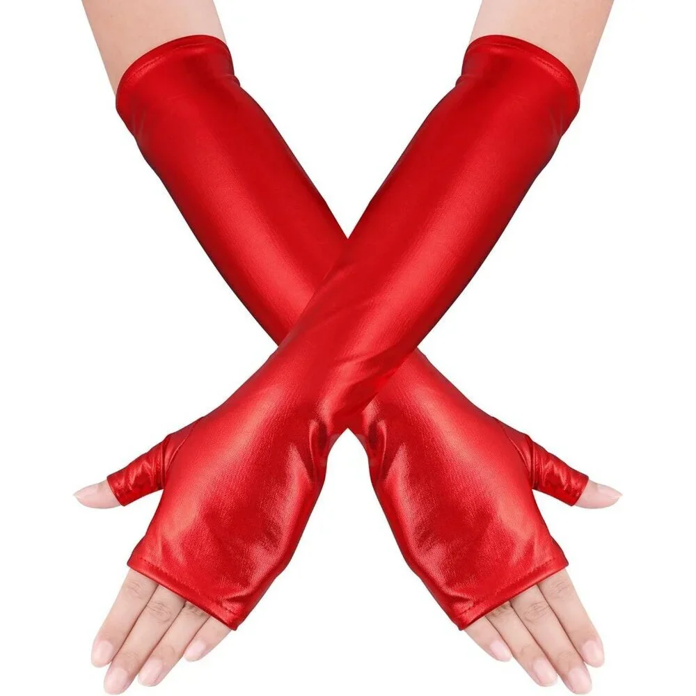 Women's Long Metallic Shiny Fingerless Gloves Red Party Halloween Costume